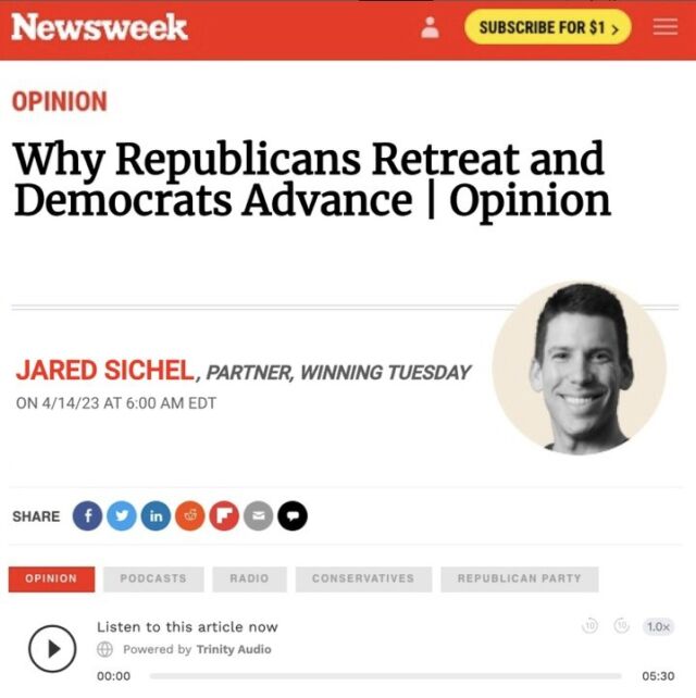 Why do conservatives feel like they are always on the defense while progressives advance their agenda everywhere all at once? Winning Tuesday's Jared Sichel answers this question in his latest @newsweek op-ed (link in bio).