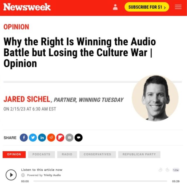 Freshly published, a Newsweek op-ed authored by Winning Tuesday’s own Jared Sichel, highlighting why the right has a natural edge in audio — podcasting and radio especially. (LINK IN BIO)

The competition for affecting hearts and minds through the medium of audio — as with every other influential platform — is fierce and requires a combination of outstanding product with a thorough understanding of digital advertising.

While podcasting as a medium is still in its adolescence, it has already created stars across the political spectrum.

But with the left’s control of Big Tech, and ad conversion tracking technology, for podcasts, still in its early stages, conservative content creators have a hard time ensuring a positive ROI when advertising their podcasts on digital.

Over the past few months, to address this challenge, Winning Tuesday has built custom-made, proprietary workflows to measure and track conversions from podcast ads on Google, YouTube, Facebook, and Instagram.

Our innovative method has been put to the test in growing the audiences of two recently-launched conservative shows, and the results are exciting: in just six weeks of testing, we have driven tens of thousands of unique individuals to these shows, with a particular focus on audio downloads.

Launching new shows with brilliant, freedom-loving, conservative thinkers is a must, but so is developing and adopting the technology required to support their growth.

Podcasting is an open, competitive market, for now. We're here to help ensure that the good guys win it.